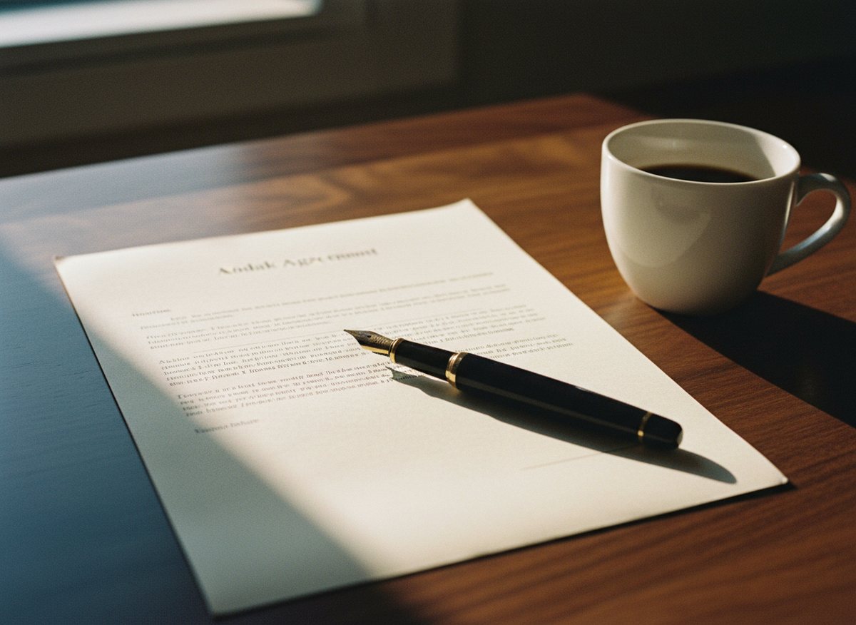 A fountain pen resting on a folded agreement beside a coffee cup