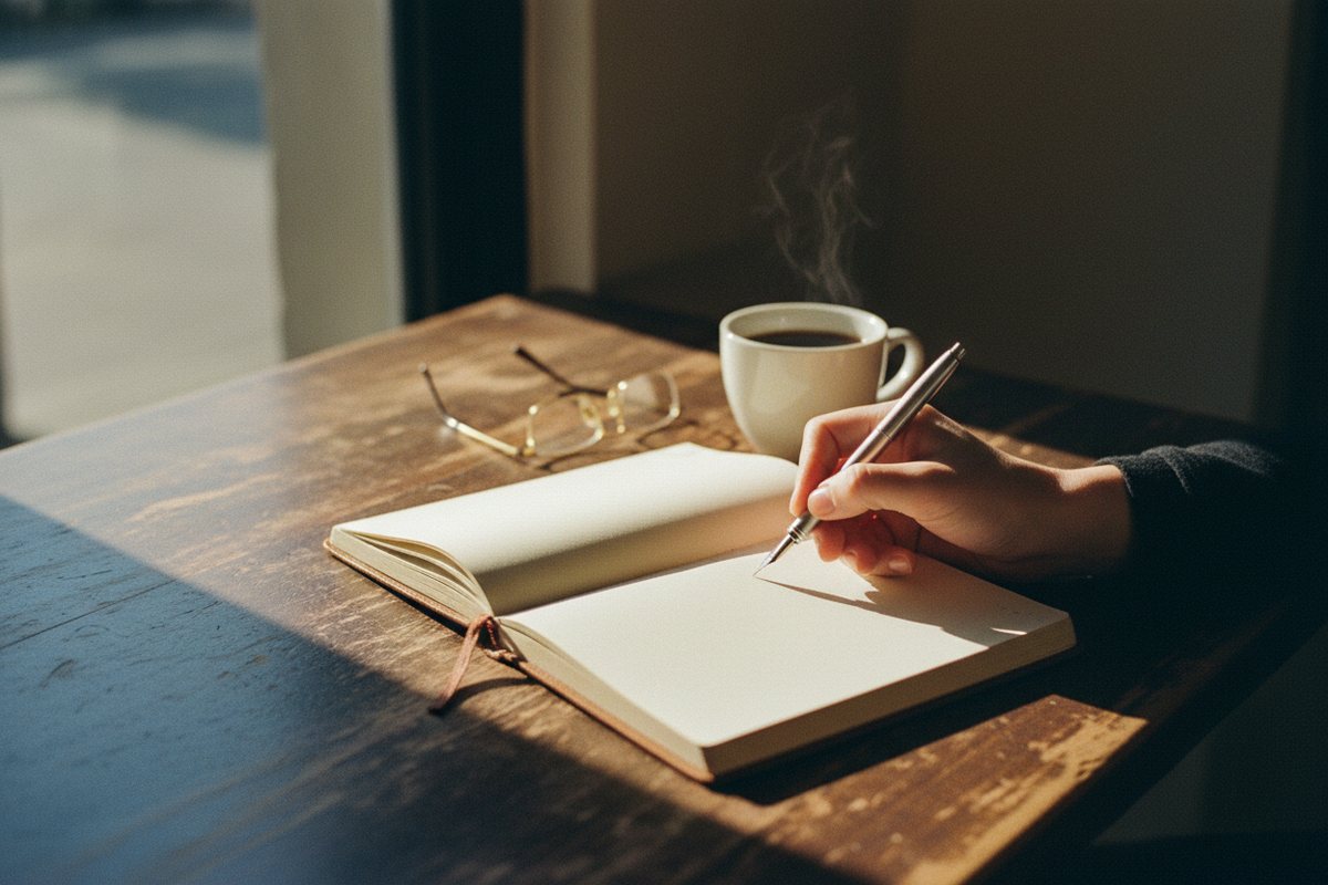 An open notebook, pen and coffee on a wooden cafe table in morning light