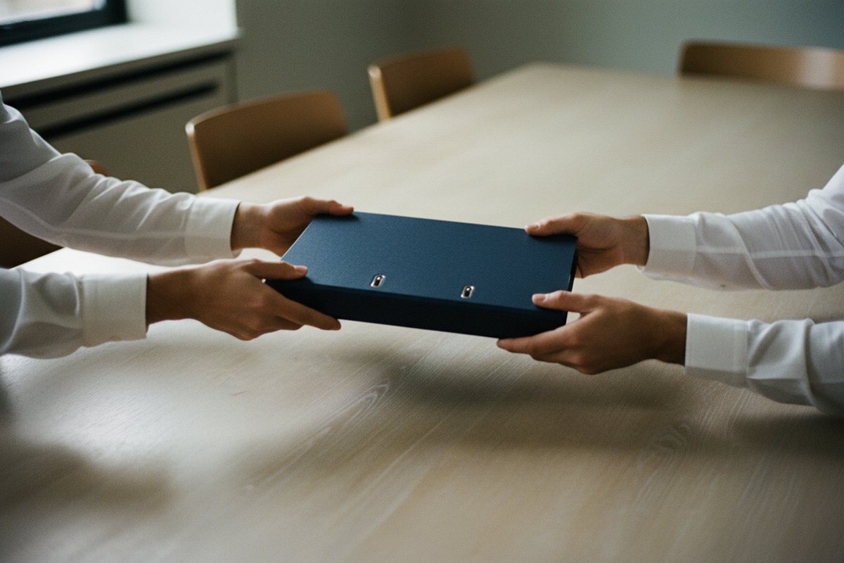 Two pairs of hands passing a navy binder across a conference table