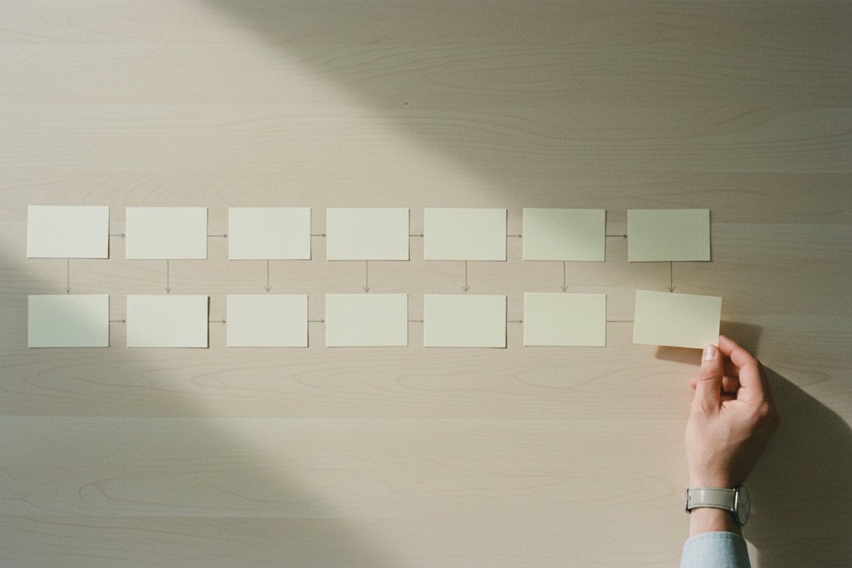 Index cards laid out in a process flow on a wooden table