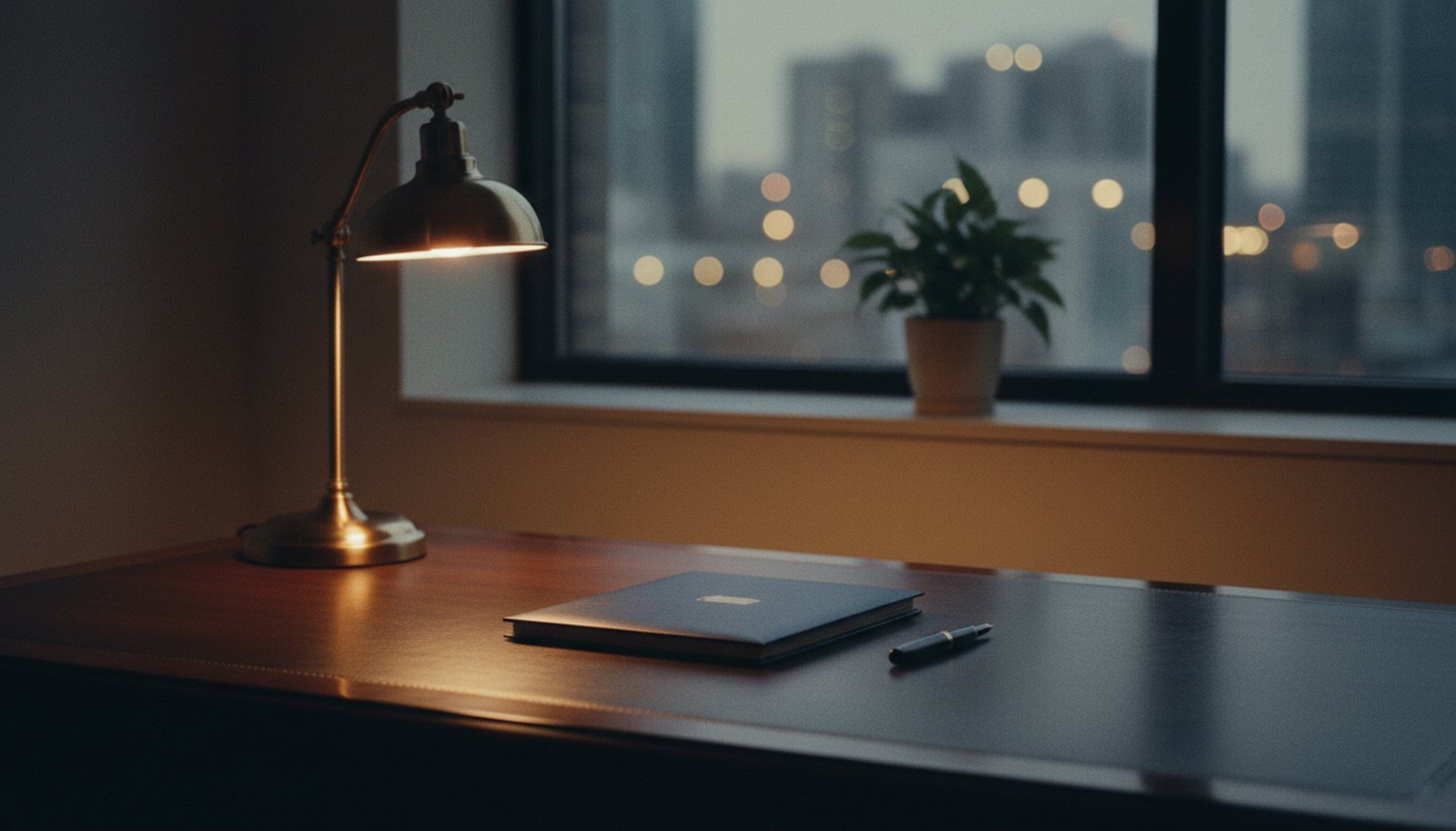 A tidy office at dusk with a single lamp and one closed folder on the desk