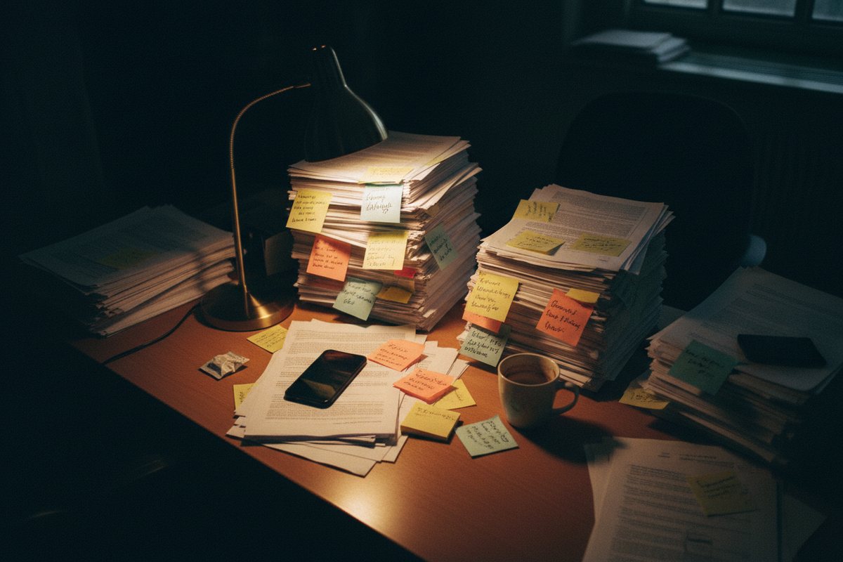 An office desk piled with paper and sticky notes under a single lamp late at night
