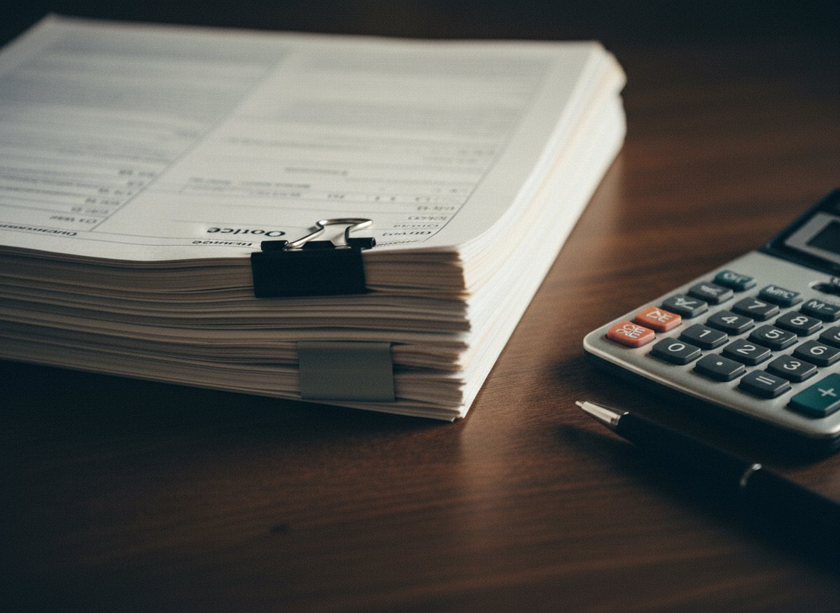A neat stack of printed quotes and invoices beside a calculator and pen