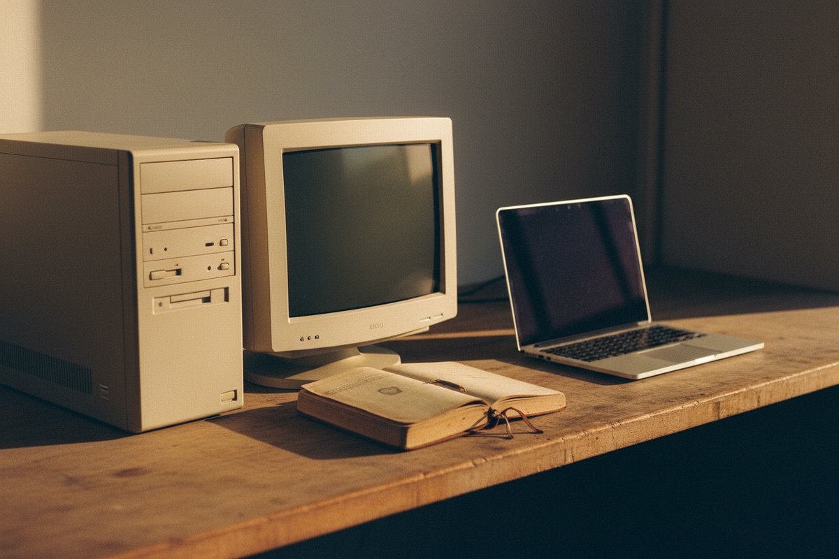 A 1990s beige desktop computer beside a modern laptop on a workshop bench