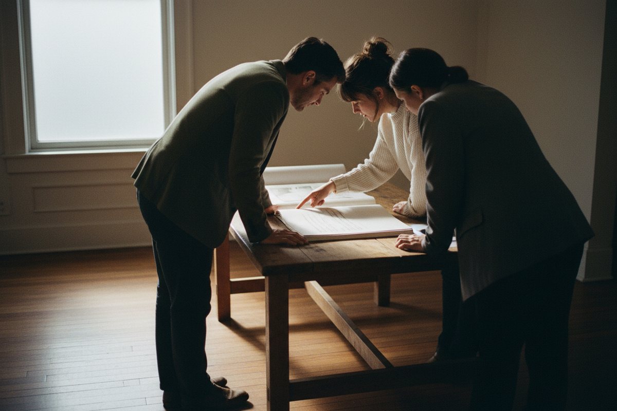 Three people reviewing printed pages together at a wooden table in morning light